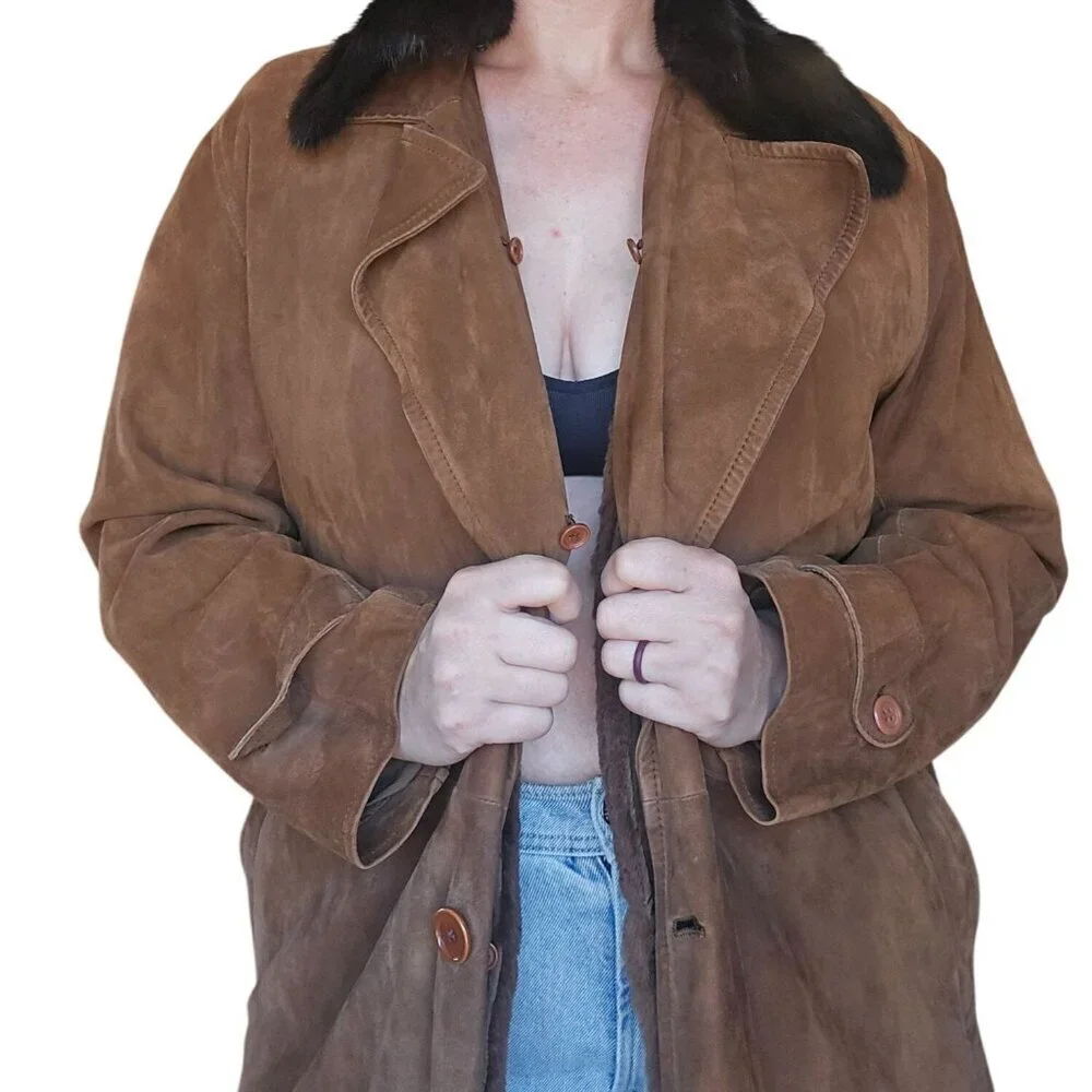 Vintage Suede Fur Lined Brown Belted Trench Coat Men Size 46 Chest Rustic Luxury